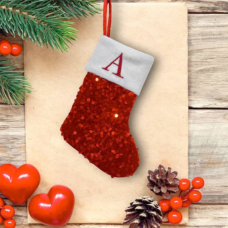 Embroidery Xmas Stocking - Calza di Natale rossa con paillettes,