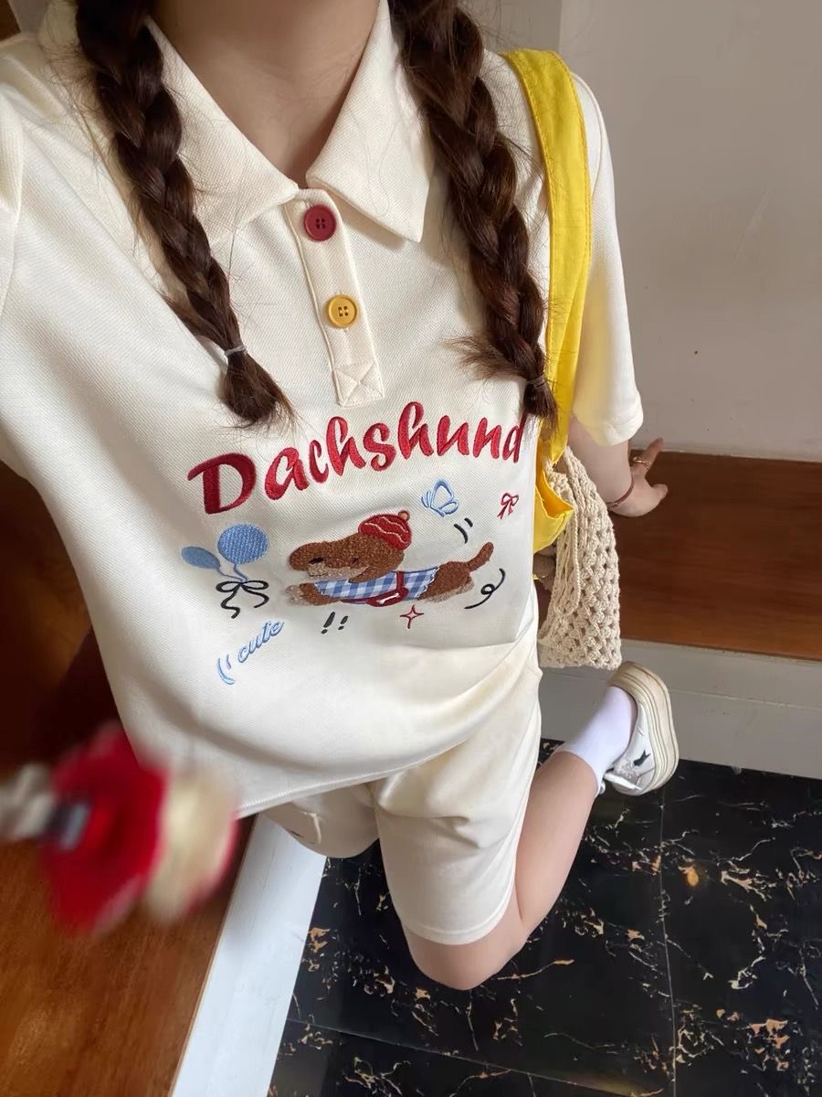 Embroidery Cotton Shirt - Polo stile giapponese con cane ricamato